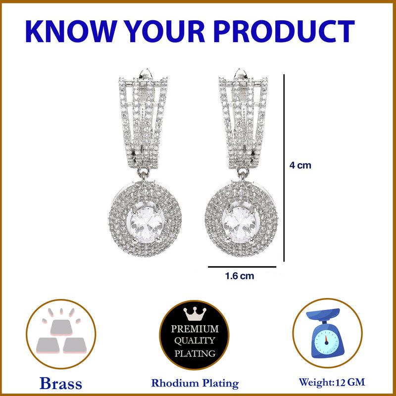 Rhodium-Plated White American Diamond studded Handcrafted Oval Shaped Drop Earrings
