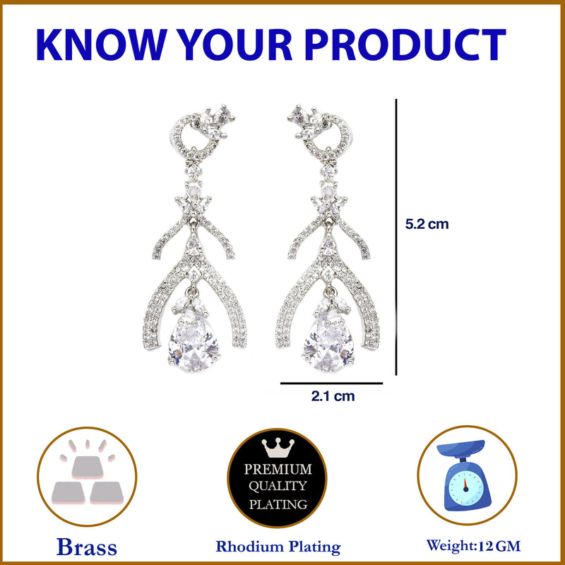 Rhodium-Plated White American Diamond studded Teardrop & Quirky Shaped Drop Earrings