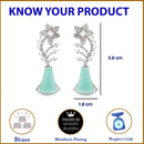 Rhodium Plated Floral Vine Sea Green American Diamond Contemporary Long Drop Earrings