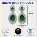 Rhodium Plated with Green American Diamond Dual Teardrop Design Drop Earrings