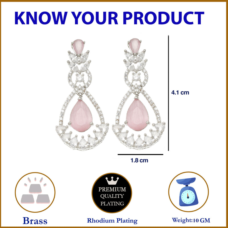 Rhodium-Plated Pink American Diamond studded Teardrop & Leaf Shaped Drop Earrings