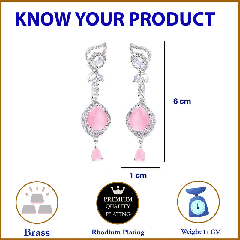 Rhodium-Plated Pink & White American Diamond studded Handcrafted Teardrop Drop Earrings