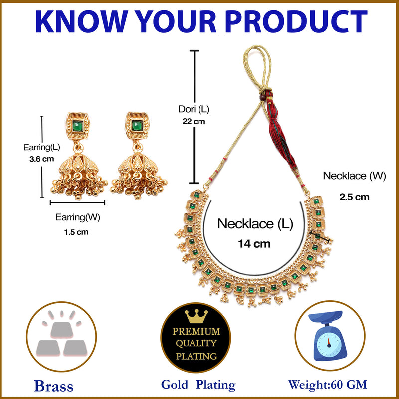 Gold-Plated Green Artificial Stone Studded Antique Necklace with Earrings Jewellery Set