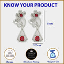 Rhodium Plated with Stylish Flower Design Red & White American Diamond Small Drop Earrings