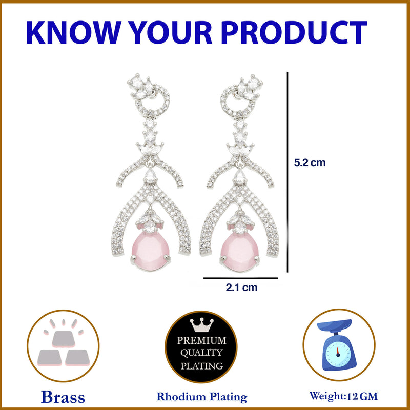 Rhodium-Plated Pink American Diamond studded Teardrop & Quirky Shaped Drop Earrings