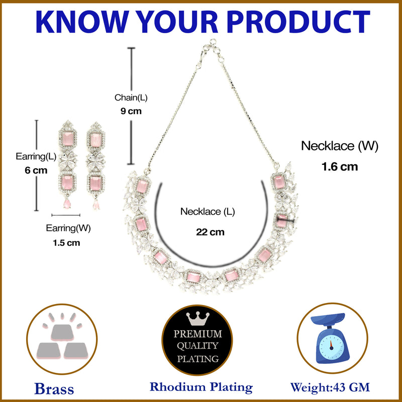Rhodium-Plated with Silver-Toned Pink and White American Diamond Studded Necklace and Earrings Jewellery Set