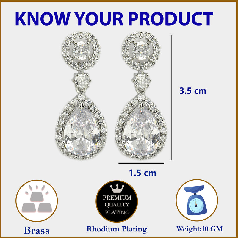 Rhodium Plated with White American Diamond Circular & Teardrop Shaped Drop Earrings