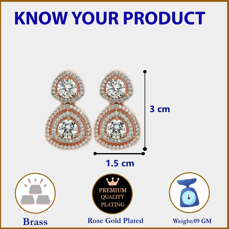 Rose Gold Plated Round American Diamond Studded Drop Earrings