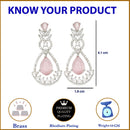 Rhodium Plated Teardrop & Leaf Pink American Diamond Contemporary Long Drop Earrings