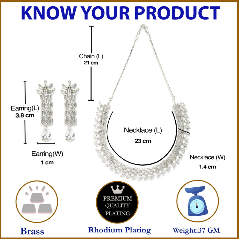 Rhodium-Plated with Silver-Toned White American Diamond Studded Necklace & Earrings Jewellery Set