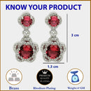 Rhodium Plated with Dual Red American Diamonds Drop Earrings