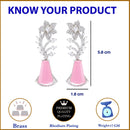 Rhodium-Plated Pink & White American Diamond studded Floral Theme Drop Earrings