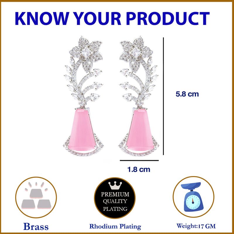 Rhodium-Plated Pink & White American Diamond studded Floral Theme Drop Earrings