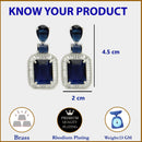Rhodium Plated Rectangular Shape Blue American Diamond Contemporary Long Drop Earrings