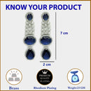 Rhodium Plated with Long Tear Drop Design Blue & White American Diamond Drop Earrings