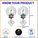 Rhodium-Plated Multi-Colour American Diamond studded Handcrafted Peacock Shaped Drop Earrings