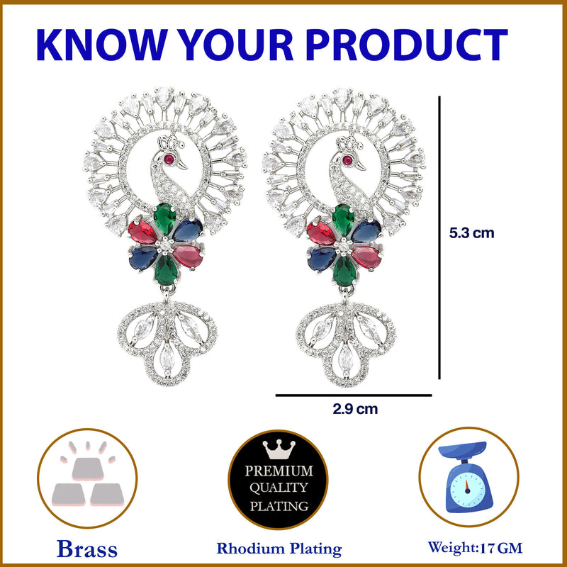 Rhodium-Plated Multi-Colour American Diamond studded Handcrafted Peacock Shaped Drop Earrings