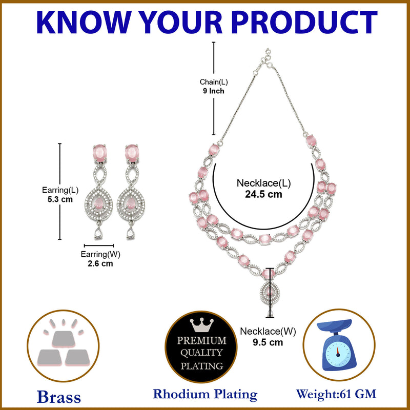 Rhodium-Plated Pink American Diamond Studded Abstract Necklace & Earrings Jewellery Set