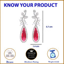 Rhodium-Plated Red American Diamond studded Teardrop & Leaf Shaped Drop Earrings