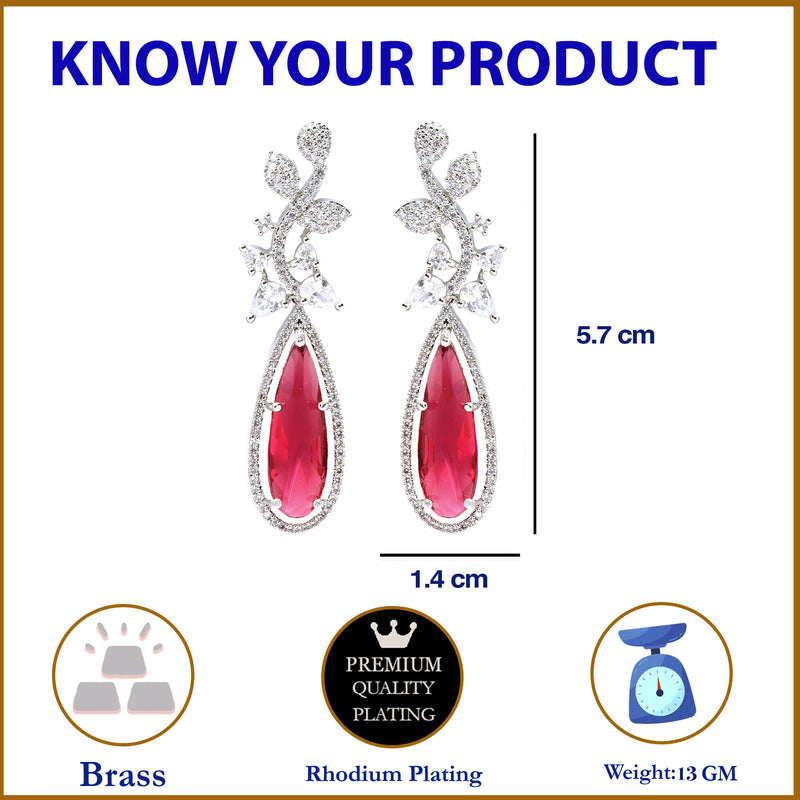 Rhodium-Plated Red American Diamond studded Teardrop & Leaf Shaped Drop Earrings