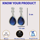 Rhodium Plated Designer Teardrop Blue AD Contemporary Drop Earrings