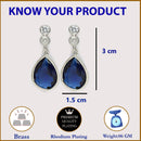 Rhodium Plated Silver Tone with Blue American Diamond Small Drop Earrings