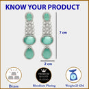 Rhodium Plated with Long Tear Drop Design Ocean Blue & White American Diamond Drop Earrings