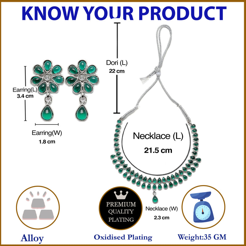 Oxidised Silver-Plated Pear Shaped Green American Diamond Studded Necklace Earrings Jewellery Set