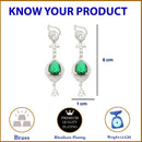 Rhodium Plated Teardrop Green American Diamond Contemporary Long Drop Earrings