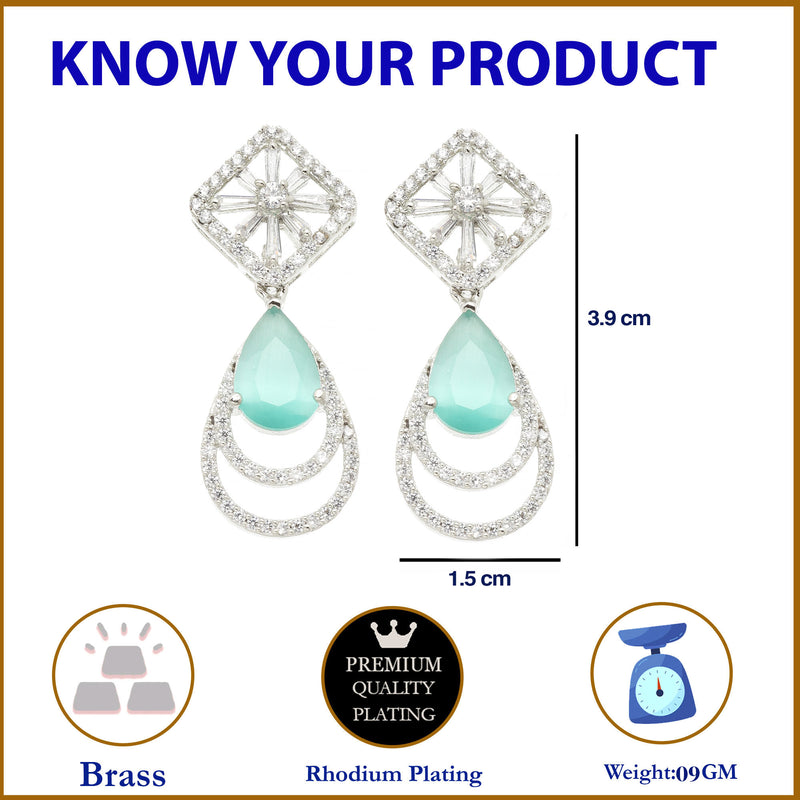 Rhodium-Plated Sea Green American Diamond studded Handcrafted Teardrop Layered Drop Earrings