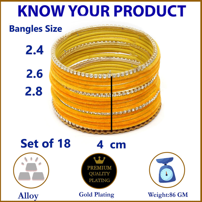 Gold-Plated Yellow Matte Finish Velvet White American Diamonds Studded Bangles Set Of 36