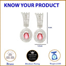 Rhodium Plated Oval Red AD Studded Contemporary Long Drop Earrings