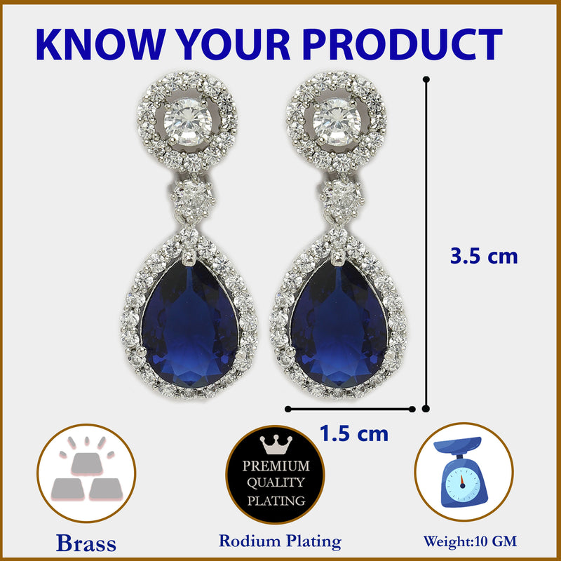 Rhodium Plated with Blue & White American Diamond Circular & Teardrop Shaped Drop Earrings