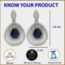 Rhodium Plated Silver Toned with Teardrop Shaped White American Diamond Drop Earrings