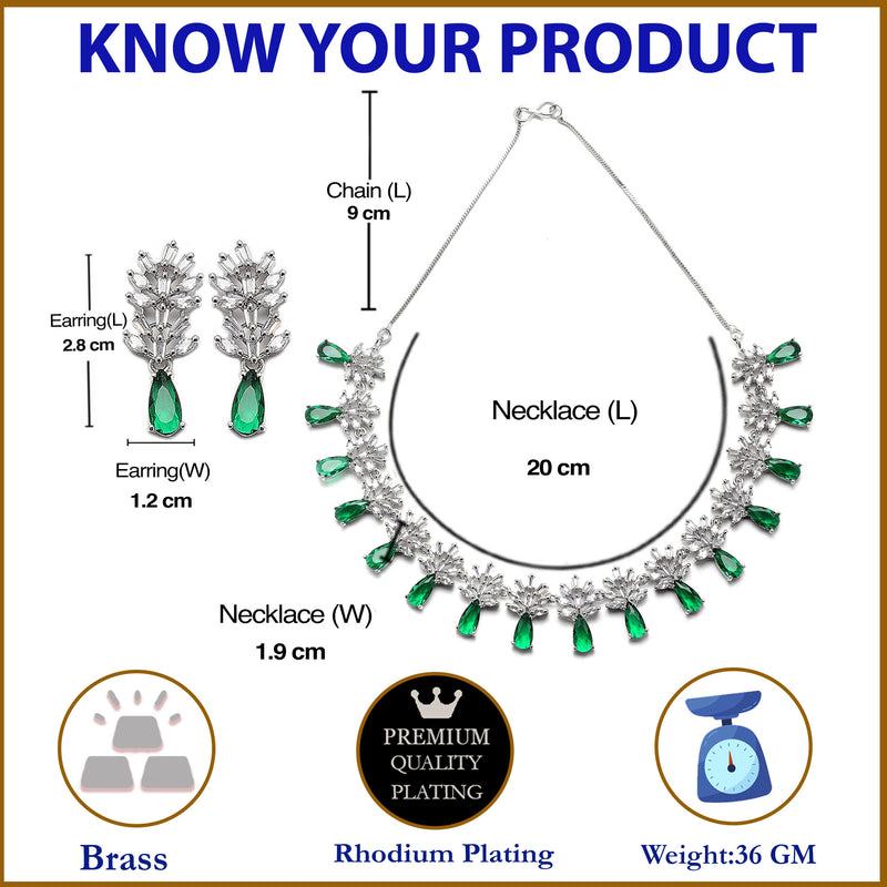 Rhodium-Plated Silver Toned Teardrop & Flower Green AD Studded Necklace with Earrings Jewellery Set