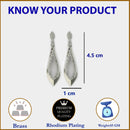 Rhodium Plated Elongated Leaf White American Diamond Contemporary Long Drop Earrings