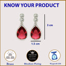 Rhodium Plated Silver Tone with Red American Diamond Small Drop Earrings