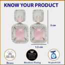Rhodium Plated with Pink American Diamond Stylish Square Shaped Small Drop Earrings