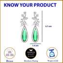 Rhodium Plated Leaf Green AD Stone Contemporary Long Drop Earrings