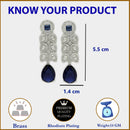 Rhodium Plated Sleek Oval Blue American Diamond Contemporary Long Drop Earrings