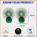 Rhodium Plated with Green & White American Diamonds Circular Shaped Stud Earrings