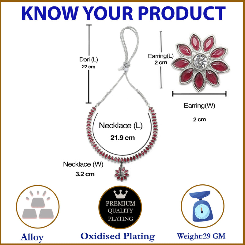 Oxidised Silver-Plated Flower & Leaf Red American Diamond Studded Necklace Earrings Jewellery Set