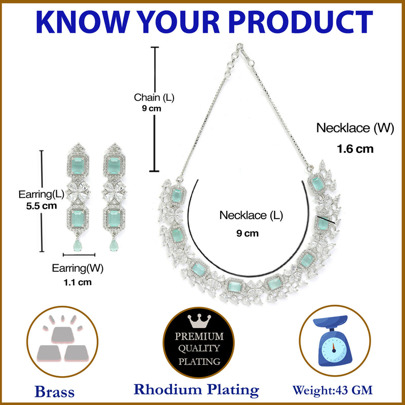 Rhodium-Plated with Silver-Toned Sea Green and White American Diamond Studded Necklace and Earrings Jewellery Set