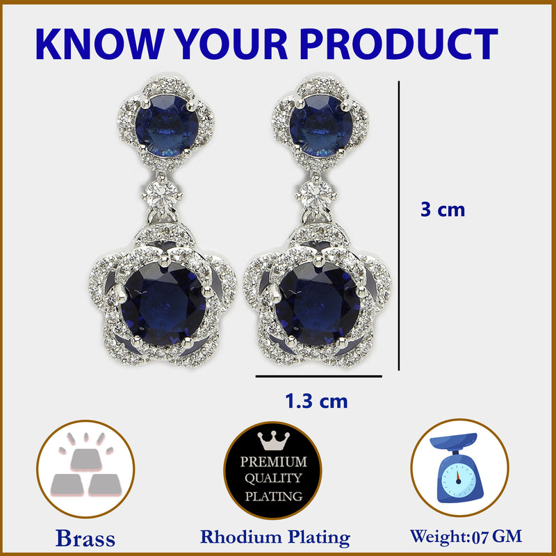 Rhodium Plated with Dual Blue American Diamonds Drop Earrings