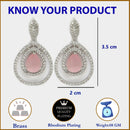Rhodium Plated Silver Toned with Teardrop Shaped Pink & White American Diamond Drop Earrings