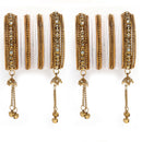 Gold-Plated Lavender Matte Finish Velvet Cz Studded Tasselled Bangles Set Of 56