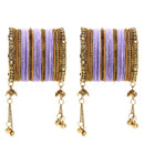 Gold-Plated Violet Matte Finish Velvet Cz Studded Tasselled Bangles Set Of 56