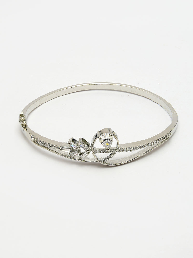 Rhodium Plated Silver Toned White Teardrop American Diamond Studded Cuff Bracelet
