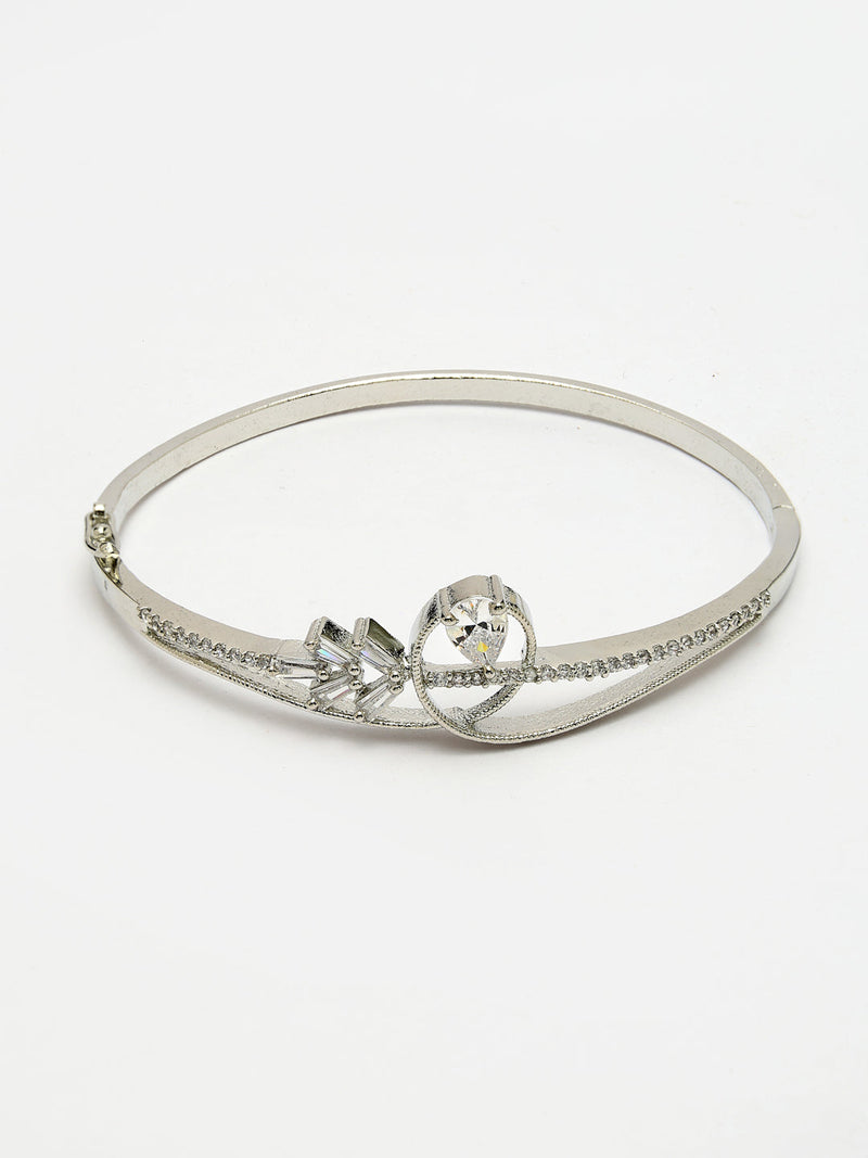 Rhodium Plated Silver Toned White Teardrop American Diamond Studded Cuff Bracelet