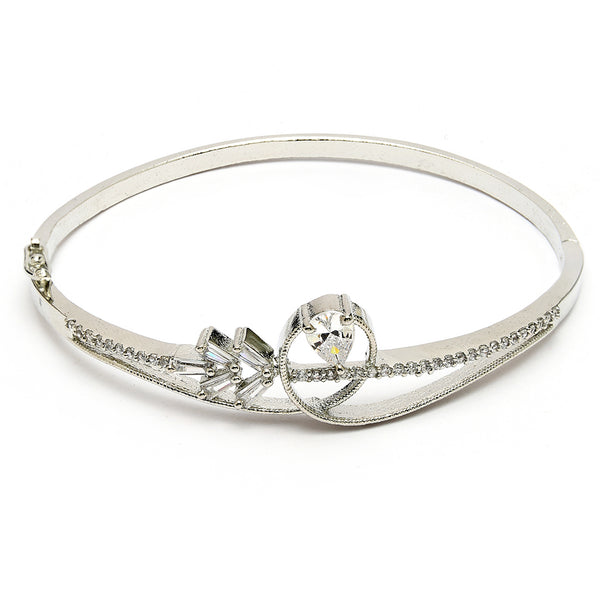 Rhodium Plated Silver Toned White Teardrop American Diamond Studded Cuff Bracelet